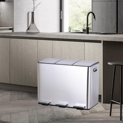 Virtual Kart® 3 Compartment Recycling Bin 45L Dual Compartments Kitchen Pedal Dust Bin Waste Bin Separation System Removable Inner Bins, Multiple Compartments for Organized Waste Disposal (Silver)