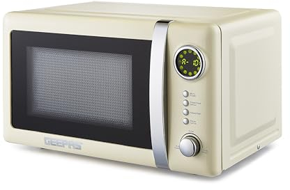 GEEPAS 700W Digital Freestanding Microwave Oven, 20L | Electric Oven with Auto Defrost Child Lock 12 Preset Rotary Dial Easy Clean | Fits Standard Dinner Plate Compact Countertop | Retrovive Cream
