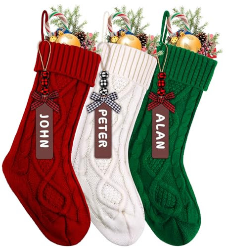 JOLCEEY 3pcs Christmas Stockings, 18 Inch Large Knit Christmas Stockings Personalized Xmas Hanging Stocking Decorations with Name Tags for Christmas Fireplace Tree Decorations