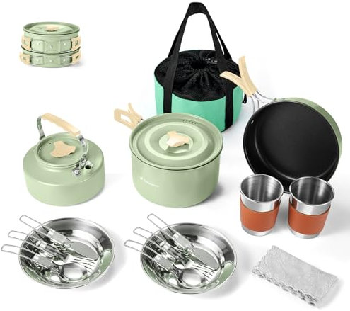 Odoland Camping Kochgeschirr Set Antihaft-Topf und Pfanne Set mit Wasserkocher, Edelstahl Utensilien Mess Kit, Tassen Teller Messer Löffel Gabeln für Outdoor-Kochen