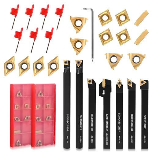 VeYocilk 21PCS Indexable Lathe Turning Tools Set 3/810mm Shanks,7Pcs Metal Turning Tool Holders & 14Pcs Carbide Inserts for Turning,Grooving,Threading,Boring bar,and Cutting Tool