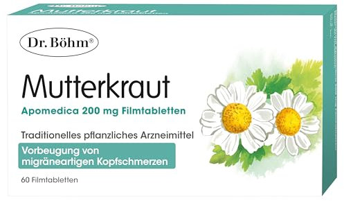 Dr. Böhm Mutterkraut 200 mg: Migräne-Kopfschmerz effektiv vorbeugen, pflanzliche Prophylaxe bei migräneartigen Kopfschmerzen - hochdosierte Mutterkraut-Tabletten - vegan, 60 Filmtabletten