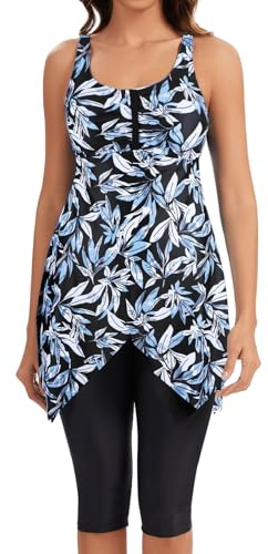 ECUPPER Women Plus Size Tankini Swimsuit Two Piece Swimdress Modest Adjustable Bathing Suit with Shorts Grey Leaf 3XL