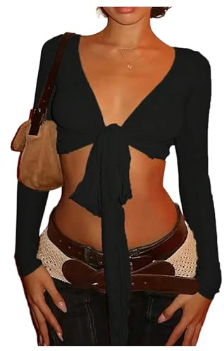 SOLY HUX Women's Long Sleeve Shirts Tie Front Tees V Neck Crop Top Casual Coquette Party Wear Solid Black Medium
