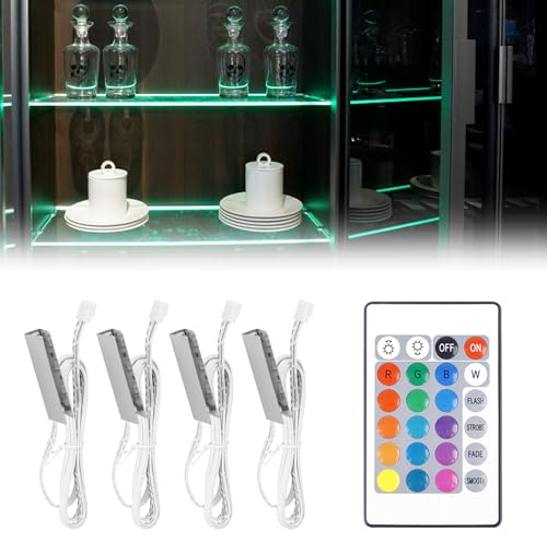 BORDEAG Juego de 4 luces LED para suelo de cristal, iluminación de vitrinas, iluminación para armarios de cocina, iluminación LED con cambio de color remoto RGB, para cocina, vitrina, armario