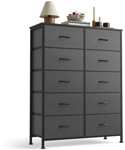 Sweetcrispy 10 Drawer Dresser, Tall Fabric Dresser for Bedroom, Storage Tower with Bins Chest Organizer Unit for Closet, Hallway, Steel Frame Wood Top, Easy Pull Handle, Grey