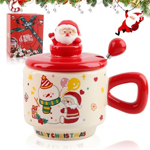 SilverChry Julkeramikmugg, julkaffemugg, julgranformad keramisk mugg, söt kaffekopp, keramisk tekopp, julmugg med lock och tesked (B)