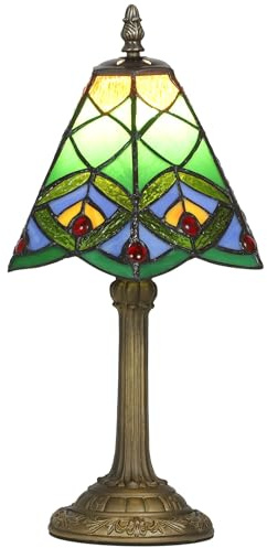 HOMCOM Tiffany-Style Table Lamp with Geometric Patterns, Handcrafted Antique Stained Glass Bedside Lamp for Living Room and Bedroom, E27 Socket, Green