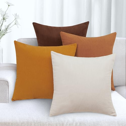 KENOBE Kuddöverdrag 45x45 cm Jul Soffkuddar Mjukt Kordsamt Kuddöverdrag 4-pack Dekorative Kuddöverdrag för Soffa Sofá Sovrum, Brun Serie