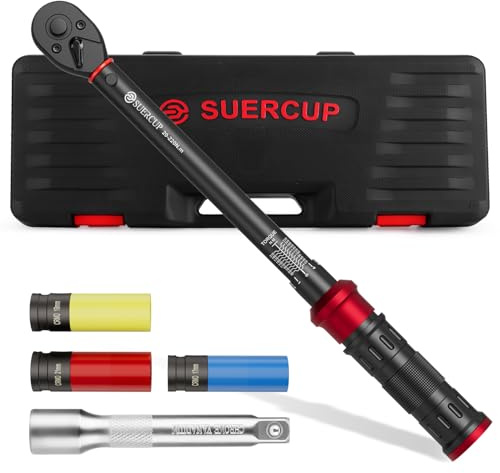 SUERCUP 1/2 tum 20–220 NM momentnyckel set 5 delar ± 3 % felnoggrannhet, med uttag 17 mm/19 mm/21 mm, 75 mm förlängningsstång, för däckbyte av bil och motorcykel
