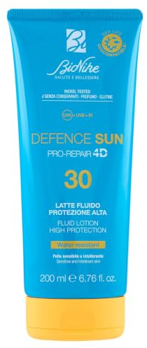 BioNike Defence Sun - Latte Fluido Solare Corpo per Pelli Sensibili e Intolleranti SPF 30, Azione Protettiva e Antiossidante, Waterproof e non Appiccicoso, Rafforza e Ripara la Pelle, 200 ml