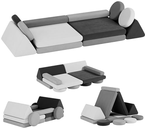 HedoAjim 12 PCS Modular Kids Play Block Couch Sofa Soft Child Toddler Building Fortplay Climbing Bedroom Playroom Baby Convertible Floor Foam Cushion for Boys & Girls (Tonal Gray)