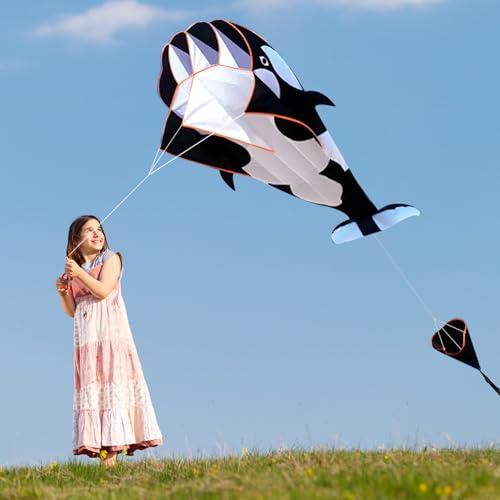 Cometa Orca, Fancysky Cometas para NiñOs, Plegable Portátil，Cometas para Adultos, Cometa de Playa, para CéSped y Parques, 215 X 125 Cm (Blanco y Negro, L)