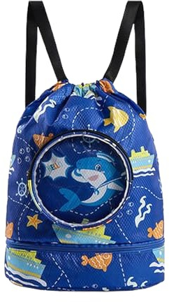Bolsa Natación Niño Compartimento Zapatos Separación Seco Húmedo Tiburón | Mochila Cuerdas Niños Mochila de Fitness, Impermeable Bolsa de Deporte para Piscina y Playa
