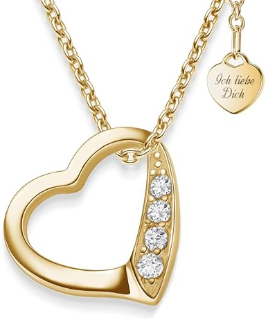 Herzkette Halskette Damen Gold (Silber 925 vergoldet) Kette mit Herz-Anhänger Ich liebe Dich mit Zirkonia-Steinen Schmuck Geschenke für Frauen Sie Freundin mit Gravur zum Jahrestag Liebesgeschenk