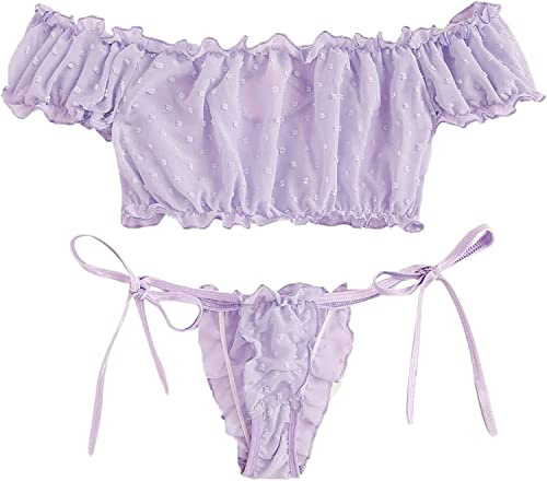 VicSec Women Sexy Babydoll Lingerie Set, Cute Transparent Bra and Panties Set, Adjustable Bowknot Strappy Teddy Underwear Naughty Sleepwear Nighties for Valentines Gift (Purple, One Size)