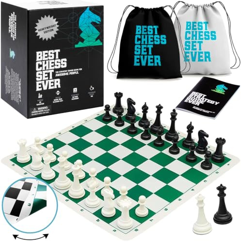 Best Chess Set Ever 3X Juego de Ajedrez Profesional Triple Peso (Rey de 10,3 cm) Tablero de Silicona Reversible 50x50 cm, Piezas Modernas Staunton Ponderadas, Ajedrez de Torneo para Adultos y Niños