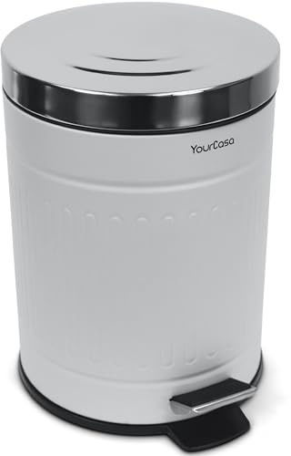 YourCasa® Cubo de basura para baño 5L [Estilo retro crema blanco] Cubo cosmético con tapa de cierre suave y cubo interior - Cubo de basura cosmético pequeño para baño, inodoro, WC - de acero