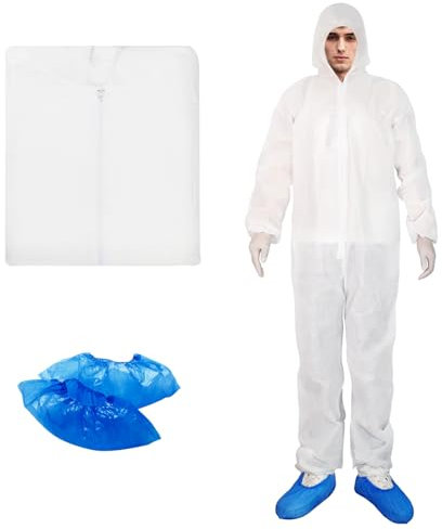 ETERNA Hazmat Suits Einweg-Schutzanzüge mit Schuhüberzügen für Damen und Herren, schützt vor Schmutz, Staub, Farbe, 5 Stück, Weiss/opulenter Garten, XL-1pack