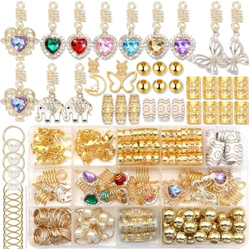 NAISKA 140Pcs Gold Hair Jewelry for Braids, Dreadlocks & Loc Accessories - Crystal Rhinestone Butterfly Pearls Pendant Hair Beads, Rings, Coils & Cuffs Decoration for Women