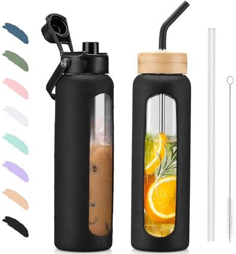 BLUEGO 900ml Glass Water Bottle with Straw and 2 Lids Glass Coffee Cup with Time Marker and Silicone Protector Glass Tumbler for Beverages Soda Cola BPA Free, Black
