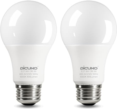DiCUNO E27 Screw LED Bulb, 9W=60W, Daylight White 5000K, 806LM, 2Pcs | Large Screw in Light Bulb, Non-Dimmable, ES High CRI 90 Lightbulbs for Lamp