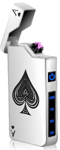 Mechero electrónico USB, encendedor de arco eléctrico, con indicador de batería, resistente al viento, de plasma pulsando un botón, color plateado