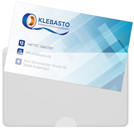 KLEBASTO Visitenkartentaschen selbstklebend | transparent | Visitenkartenhüllen zum kleben | Kartenhüllen zum einkleben | Selbstklebetaschen Glasklar Daumenaussparung unten breite Seite offen (20)