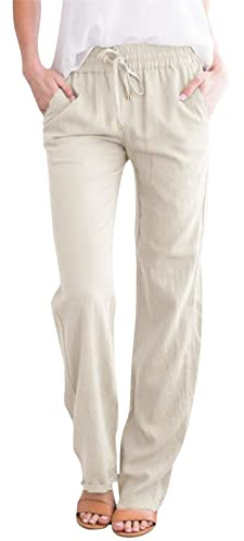 Linen Trousers Womens Slim Leg Elasticated Waist Trousers Casual Drawstring Straight Leg Cotton Linen Summer Beach Pant with Pockets Palazzo Pant