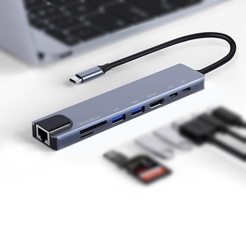 JZK Hub USB C avec adaptateur Ethernet, répartiteur multiport 8 en 1 87 W PD, HDMI 4K, lecteur de cartes SD et TF, port de type C, USB 3.0/2.0, pour MacBook, iPad Pro, Chromebook, Huawei, Dell XPS,