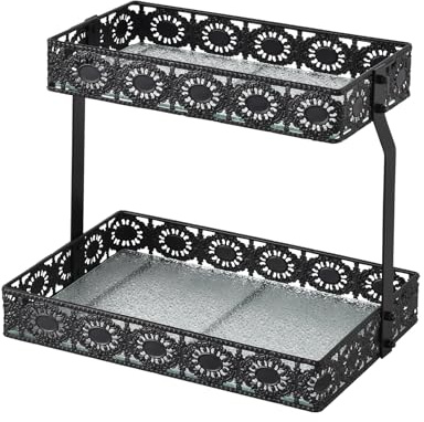 xiaojuande-Two Layer Glass Storage Tray with Portable Dressing Table Skin Care Product Organization Rack Corner Storage Rack for Bathroom Counter High-end Light - (Black)