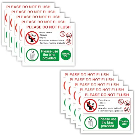 Pack of 10 Please Do Not Flush Toilet Signs – Self Adhesive Vinyl Stickers (90 x 110 mm) – Bathroom & WC Notice Labels