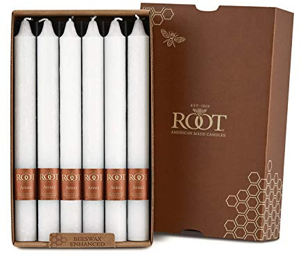 Root Candles 12-Count Unscented Dinner Candles Dripless Beeswax Enhanced Timberline™ Arista™ Boxed Candle Set, 9-Inch, White