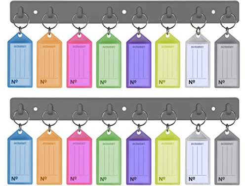 Acrimet Key Tag Rack w/ 8 Keyring Tags (Self-Adhesive Key Storage Rack) (2 Pack) (Assorted Color)