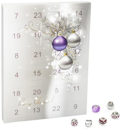VALIOSA Merry Christmas Mode-Schmuck Adventskalender mit Halskette, Armband + 22 individuelle Perlen-Anhänger aus Glas & Metall, das besondere Geschenk für Mädchen & Frauen, lila, 24-teilig (1 Set)