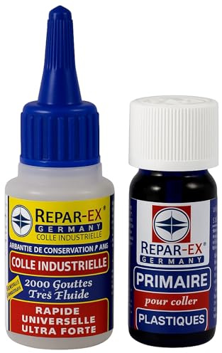Colle Repar-ex 20g + Primaire 15ml | Colle Extra Forte pour Plastiques Difficiles | Universelle Métal, Bois, Caoutchouc | Kit Complet avec Embouts et Pipettes | Fabriqué en Allemagne