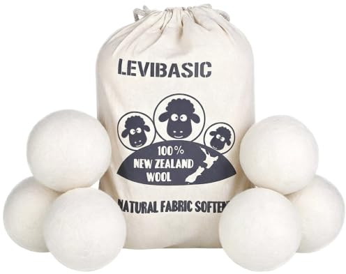 LEVIBASIC Wool Dryer Balls 6 Pack XL, Genuine New Zealand Wool to Core, 100% Organic Fabric Softener Alternative, Baby Safe & Chemical Free, Reduce Wrinkles & Shorten Drying Time (White-6pcs)