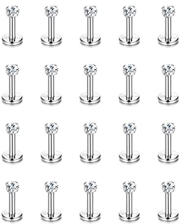 Helicopchain 20Pcs 16G Hypoallergenic Stainless Steel Lip Studs Labret Piercing With 3mm CZ Cartilage Tragus Helix Monroe Piercing Stud Jewelry 6mm 8mm 10mm