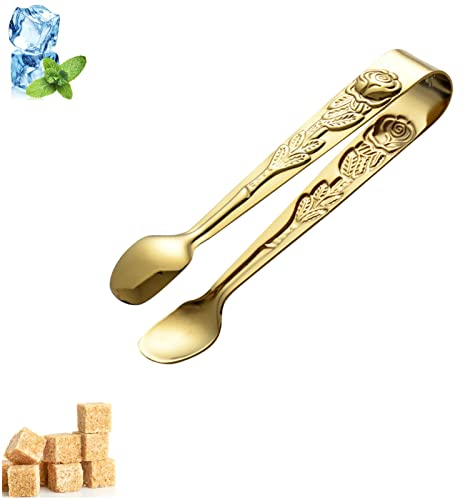 Fiacvrs Mini Serving Tongs, 4Inch Rose Stainless Steel Sugar Cube Tongs, Sliver Small Ice Tongs for Tea and Coffee Party(Gold)