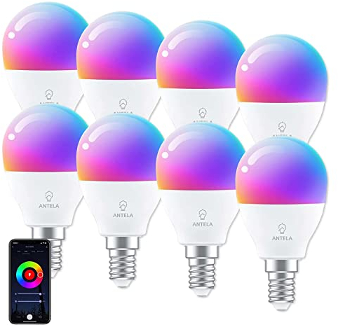 ANTELA Alexa Glühbirne G45 E14 4.5W LED Lampen Smart WLAN Birne RGB Kaltweiße Warmweiße Licht, APP Steuerung, Sprachsteuerung, Kompatibel mit Alexa, Google Home, 8 Stück
