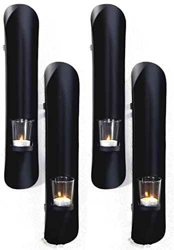 Novaliv 4X Wandkerzenhalter Vintage Metall mit Glas 6 x 41,5 x 7,5 cm Schwarz Kerzenhalter Wand Teelichterhalter Deko Wohnzimmer Dekoration Wanddeko Vintage Deko Teelicht Wandhalter