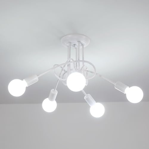Riserva Lampadario Vintage, Plafoniera Soffitto Industriale E27, 5 Luci Lampada da Soffitto in Metallo per Soggiorno, Cucina, Camera da Letto, Ristorante, Cafe, Bianco (senza lampadine)