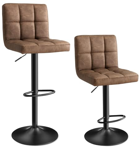SONGMICS Barhocker 2er Set, höhenverstellbare Barstühle mit PU-Bezug, 360° Drehstuhl, Küchenstühle mit Rückenlehne und Fußstütze, Esszimmer, Tresen, Stahl, walnussbraun LJB064K02