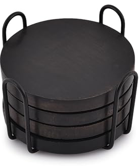 EDHAS Set di 4 sottobicchieri neri in legno di acacia con supporto in ferro, decorazione per tavolino da caffè, decorazione da tavolo (dimensioni sottobicchiere: 10,16 cm x 10,16 cm x 1,27 cm,