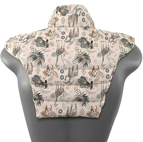 Cojín térmico para las vértebras cervicales – Cuello + hombros + espalda. Algodón biológico animales salvajes. Almohada térmica con huesos de cerezas. Cojín de nuca. Saco térmico de semillas