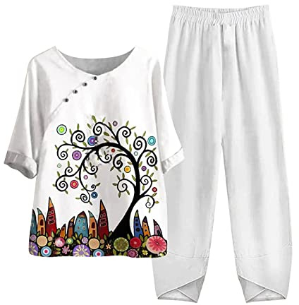 NUSGEAR 2023 Conjunto Dos Piezas Mujer algodón Lino Casual Camiseta manga larga y Pantalones otoño Primavera Deportivo Traje Talla grande Suelto Conjunto Moda Cómodo impresión Casa Pijama Chandal