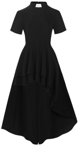 Mambabaco Black Church Dress for Women - Short Sleeve Clergy Dress with Tab Insert Collar & High Low Priestess Style, Black, XL