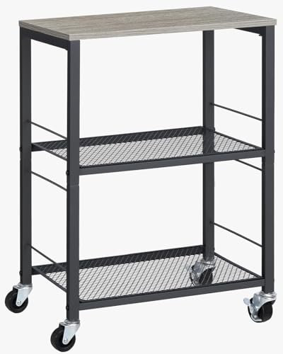 LIANTRAL Estantería de Cocina con Ruedas, Carrito de Servicio de 3 Niveles, Carrito de Cocina, Estantería para Microondas, Horno, Tostadora, Marcos metálicos y Tablas de Madera, Gris y Negro