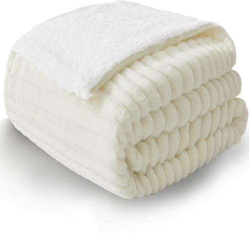 WAVVE Decke Sherpa Kuscheldecke Flauschig Creme - Extra Warme Dicke Weiche Grobe Kordecke Sofaüberwurf, Sofadecke Doppelgesicht, 150x200 cm XL Wolldecke Couchdecke Wohndecke