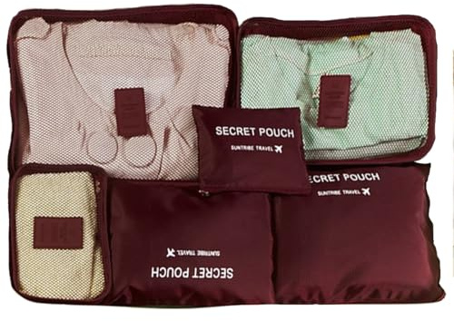 6 Bolsas Organizadoras Maleta. Organizador Maleta. Bolsa Ropa Viaje. Set Completo Organizador Equipaje. Bolsas para Guardar Ropa en Maletas. Accesorios Organizar Viajes con Cremallera. (Burdeos)